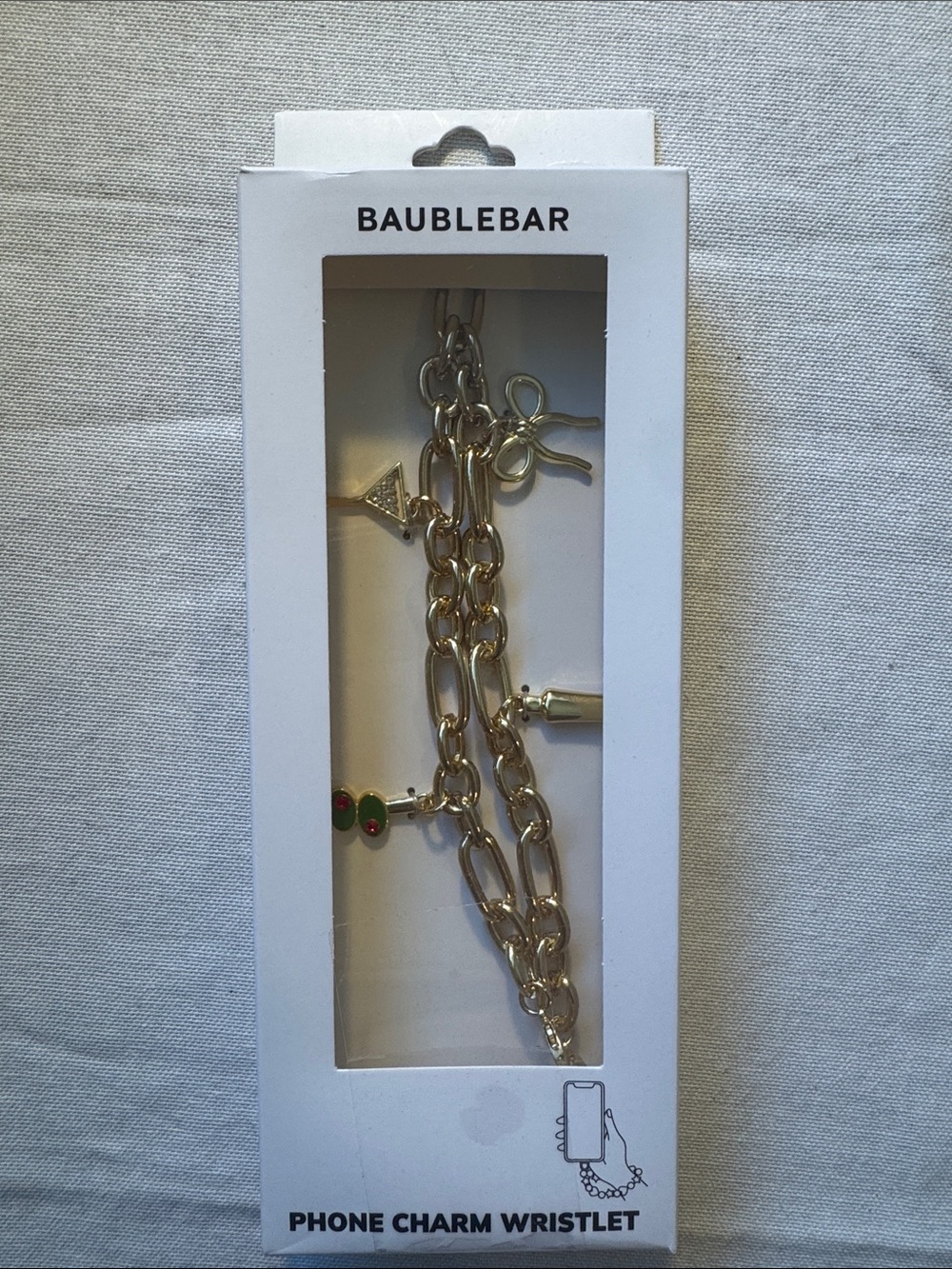 BaubleBar Gold Link Phone Charm Wristlet with Martini Charms